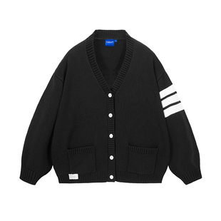 ics丨iconslab条纹开衫毛衣V领宽松上衣外套秋基础情侣款针织衫男