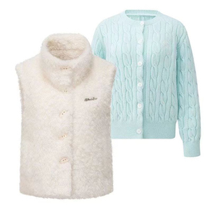 日系小个子慵懒学院风三件套绿色麻花开衫毛衣毛毛保暖马甲外套