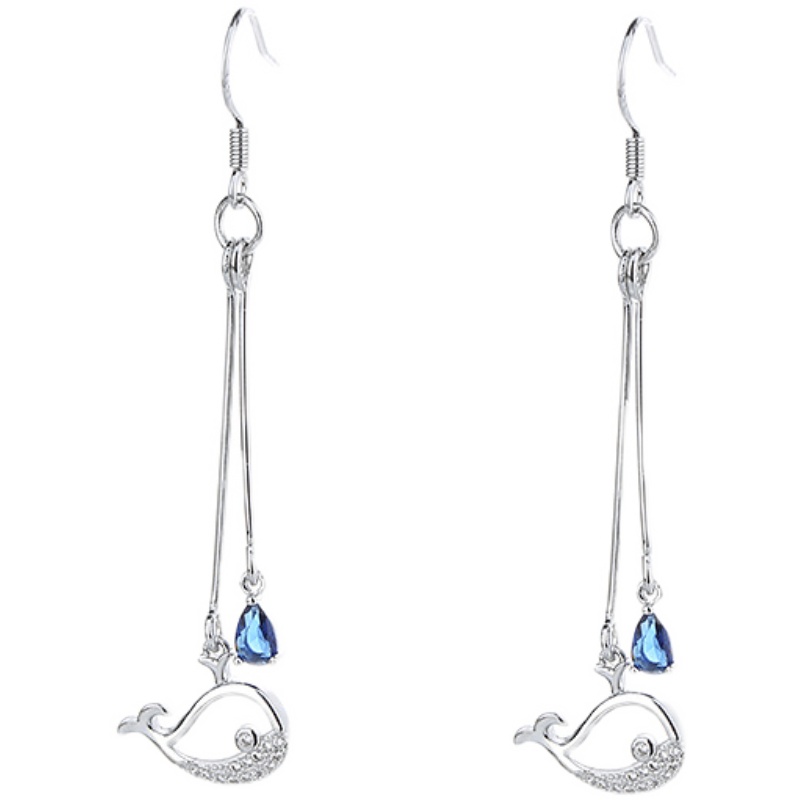 s925纯银鲸鱼耳环女新款气质简约小众设计蓝色水滴耳钩冷淡风耳坠
