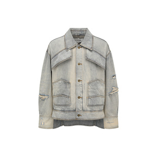 【新品】FengChenWang 26秋季男女同款复古浅蓝色倒破洞牛仔外套