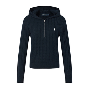 POLOWALK女士长袖连帽针织衫2026春季新品修身显瘦套头绞花针织衫