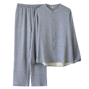 纯棉双层纱布睡衣男春秋长袖2026新款夏季大码100%全棉家居服套装