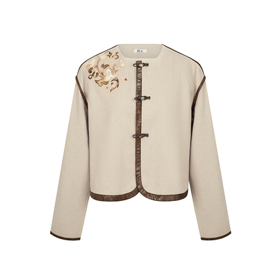 织造司[长平洲]新中式云纹绣花圆领对襟外套立领衬衫改良半身旋裙