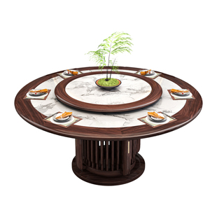 乌金木实木圆桌旋转盘新中式高端家具家用10人小户型岩板餐桌转盘