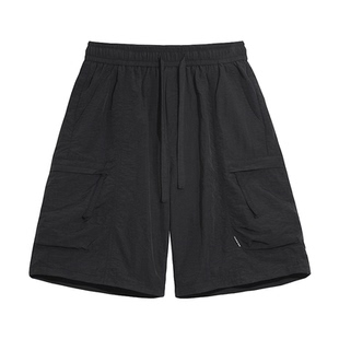 日系工装五分短裤男士夏装松紧腰塔丝隆尼龙速干宽松阔腿休闲中裤
