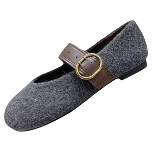 秋冬凹造型女鞋2025新品毛呢玛丽珍加绒软平底单鞋灰色毛毛鞋金属