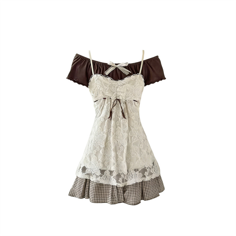 【新品】法国DUBNIITY官网上衣蕾丝吊带格子三件套复古连衣裙女款