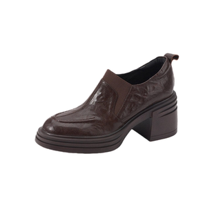 羊皮~英伦风真皮乐福鞋女粗跟深口单鞋复古通勤小个子高跟厚底鞋