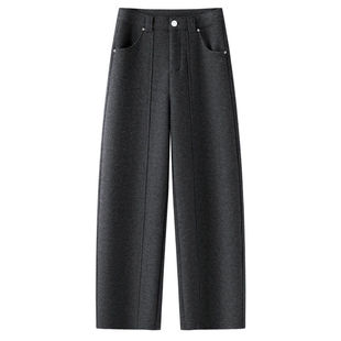 拉夏贝尔雪花灰高端羊毛呢阔腿裤女2026秋季新款休闲宽松弯刀裤子
