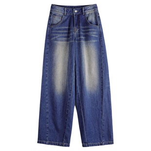 马登丹宁蓝美式复古闪电纹水洗宽松香蕉弯镰刀牛仔阔腿裤子女士春