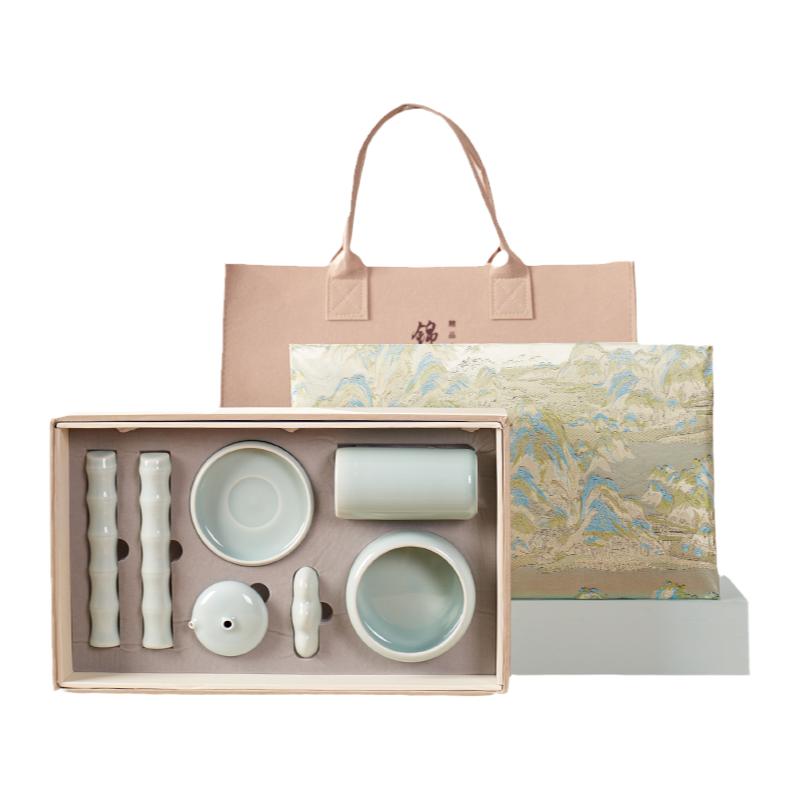 六品堂锦绣河山文房套装练毛笔字专用陶瓷笔洗墨碟水滴镇尺笔搁笔筒初学者书法国画工具笔墨纸砚全套高端礼盒