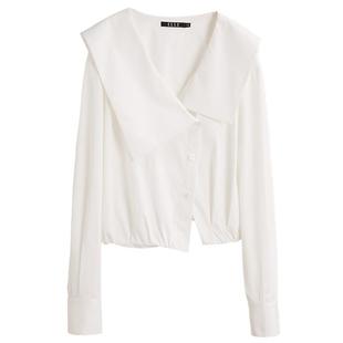 ELLE白色法式不规则大翻领衬衫女2025秋装新款设计感简约小众上衣