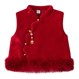 汉服女童拜年服新中式儿童旗袍马甲国风冬季新年衣服周岁宝宝礼服