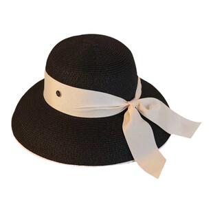 法式赫本复古飘带草帽子女钟型遮阳大檐帽海边度假沙滩帽防晒礼帽