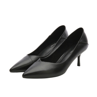 软皮职业高跟鞋牛皮尖头单鞋真皮黑色中跟细跟空乘羊皮工作鞋女子