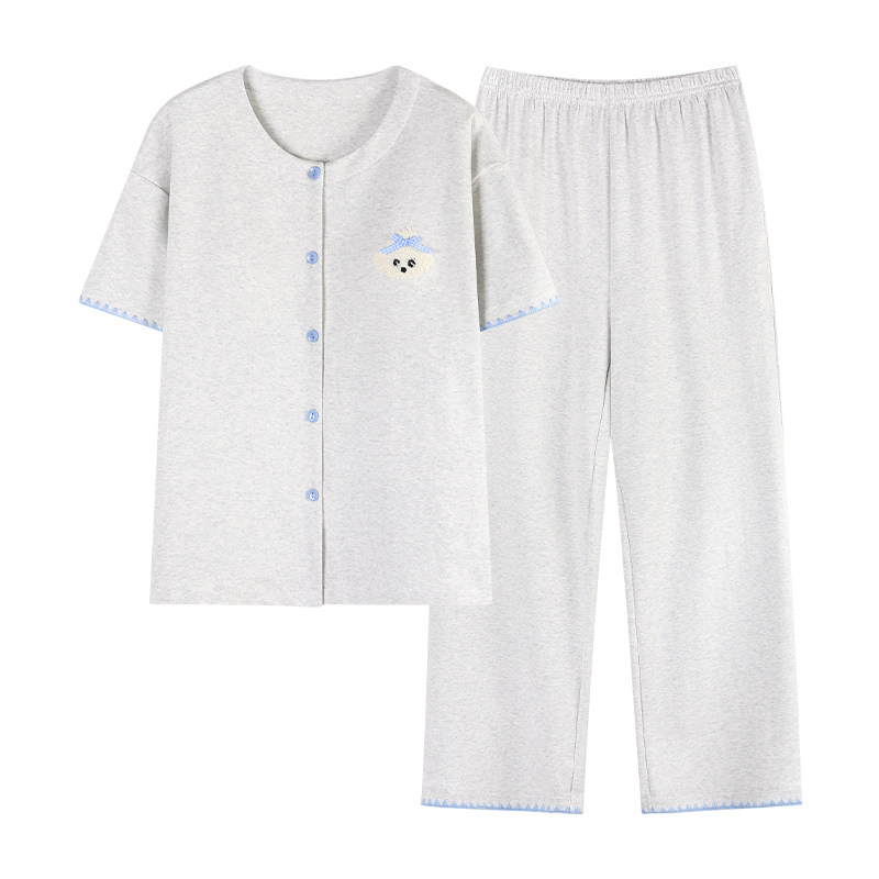 芬腾可安睡衣女款2026新款夏季纯棉带胸垫短袖长裤秀雅家居服夏天