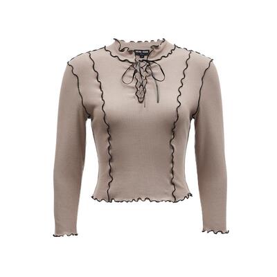 tq区绫致Vero ModaT恤女秋冬木耳边七分袖绑带镂空上衣学院