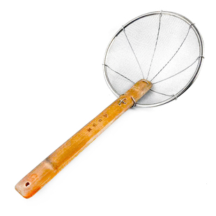 不锈钢漏勺商用大号竹柄手编织油炸过滤网长笊篱捞粉煮面条线漏厘