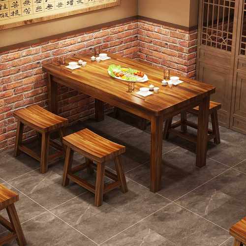 L7实木碳化快餐桌椅组合快餐桌子火锅面馆餐桌烧烤食堂饭店小吃店