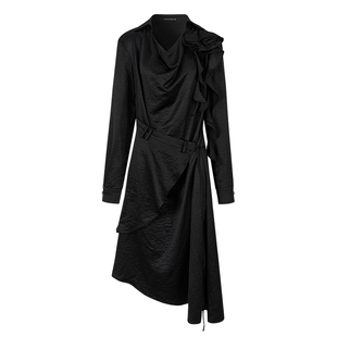 创世纪元【雨墨镂花】早秋连衣裙女装荡领收腰长袖连衣裙