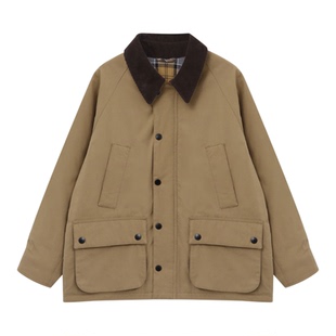 Basic House/百家好卡其色工装夹克棉服翻领拼接夹棉棉衣外套女士