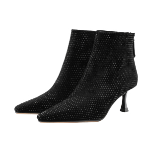 哈森满钻时装短靴女秋冬新款尖头细跟宴会短筒靴高跟踝靴HA236509