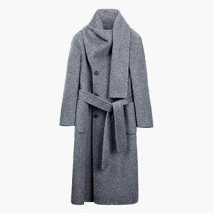 CROWNLESS未冕静奢微绒皮草感牦牛绒双面呢造型围巾领长款大衣女