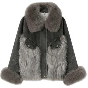 爱居兔狐狸毛皮皮草外套女冬季新款拼接牛仔外套