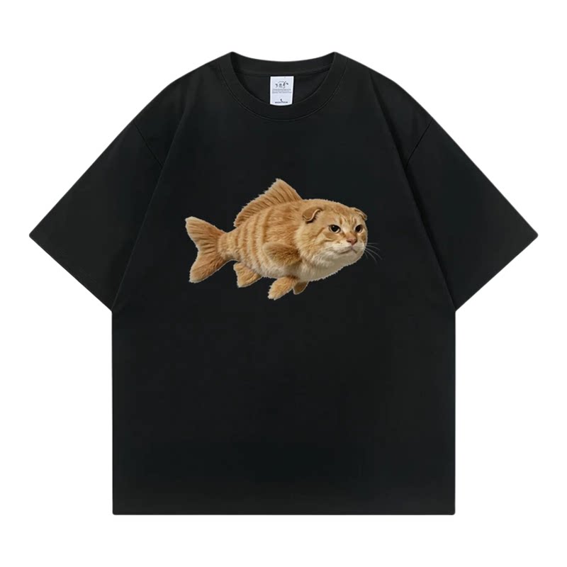美式潮牌趣味耄耋橘猫鱼印花短袖T恤男女宽松休闲圆领t恤定制上衣