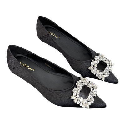 法式水钻方扣尖头浅口单鞋