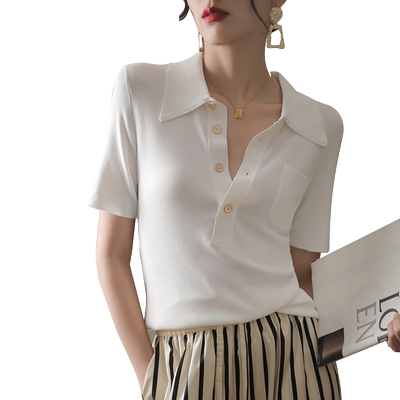 冰丝针织衫短袖修身气质polo领