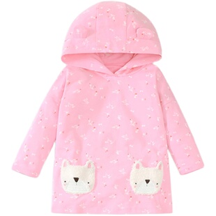 女童中长款连帽卫衣宝宝纯棉口袋上衣儿童春秋装中小童连衣裙外套