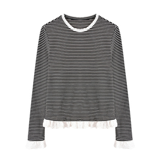 洋气新店REDMEMORY谁能不爱 可盐可甜 蕾丝花边条纹打底T