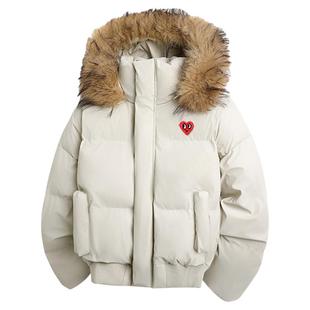 查尔斯桃心短款连帽棉衣男女冬季保暖可拆卸毛领情侣新款棉袄外套