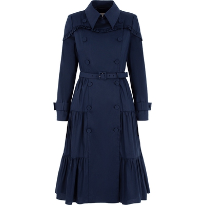 BORAAKSU2025秋冬新品复古藏蓝木耳边缀饰双排扣风衣B1FFW17020