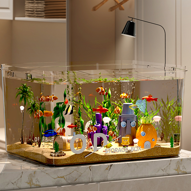 透明仿玻璃鱼缸小型家用桌面客厅生态造景缸金鱼缸乌龟方形饲养缸