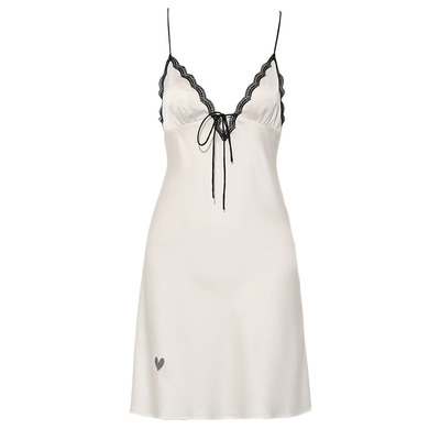 DPLAYSWEET法式复古轻奢性感白色蕾丝吊带睡裙女士烫钻缎面睡衣