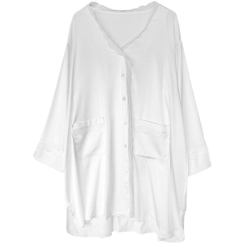 HEARMES 春秋季纯欲睡衣女蕾丝性感白衬衫高级感冰丝睡裙夏季长袖