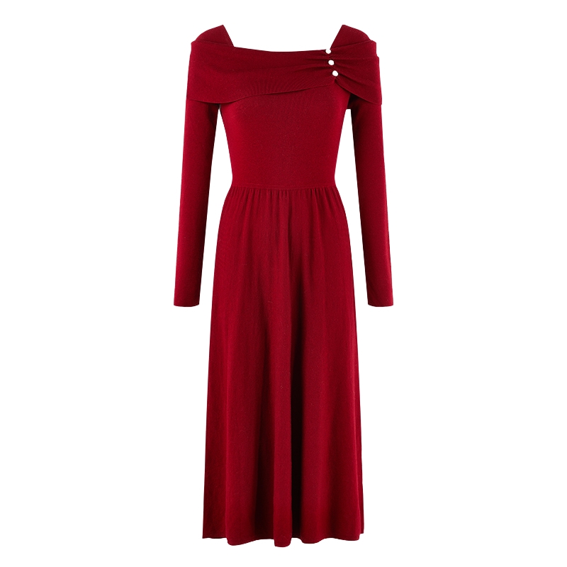 秋水伊人法式红色收腰连衣裙2025年冬季新款女简约珍珠扣针织裙子