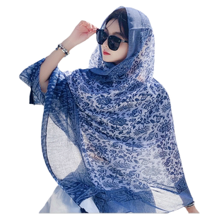 中国风民族风围巾旅游丝巾夏季薄款超大防晒披肩女长款纱巾沙滩巾