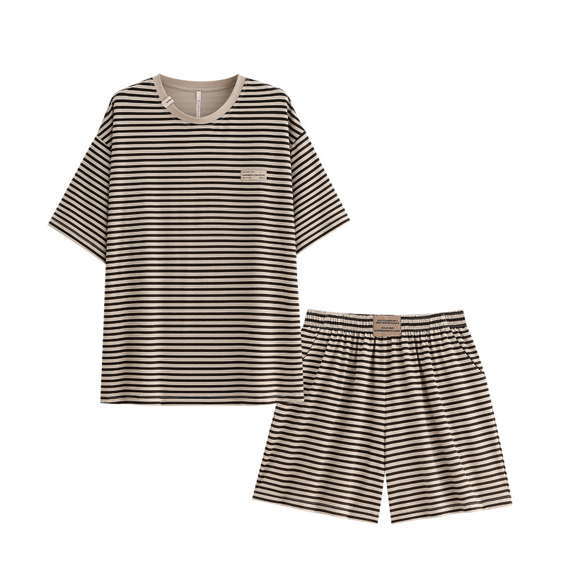 悦内睡衣女夏款夏季纯棉短袖短裤家居服夏天休闲套头圆领条纹套装