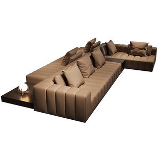 双面坐背靠背真皮沙发别墅大户型意式极简轻奢棕色钢琴键横厅客厅