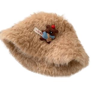 可爱小熊玩偶毛绒渔夫帽女秋冬2025新款毛茸茸帽子保暖显脸小盆帽