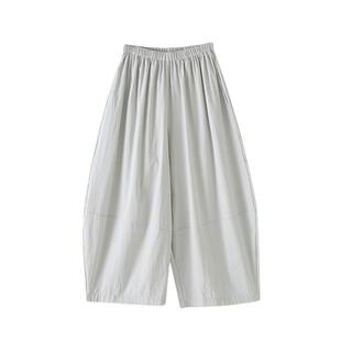 Basic House/百家好白色松紧高腰九分灯笼裤女夏季宽松阔腿弯刀裤