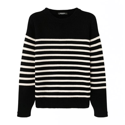【100%羊毛】OTT冬季新款黑色百搭条纹毛织套头衫女短款针织衫