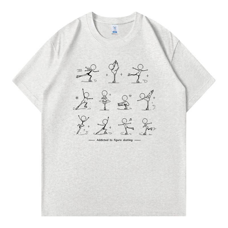花样滑冰火柴人T恤男女趣味溜冰运动休闲简笔印花短袖纯棉上衣夏