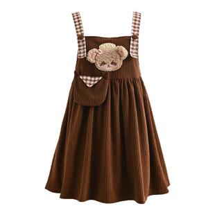 森女部落甜美萌趣立体小熊设计感背带连衣裙女新款灯芯绒A字裙冬