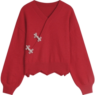 妖精的口袋珍珠盘扣v领红色毛衣女2025年冬季新款新中式国风上衣