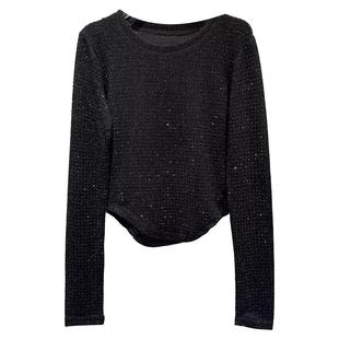 胖mm2-300斤特大码早秋辣妹满身水钻亮丝设计弧形边T恤衫小衫女潮