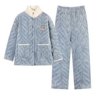 芬腾可安睡衣女士冬季三层加厚珊瑚绒夹棉法兰绒加大码棉袄家居服